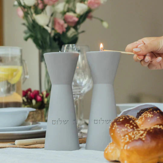 Set of tall natural concrete candle holders with a blessing for women of valor - Lady of Spirit Series