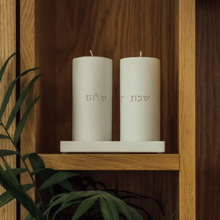 Set of candlesticks for Shabbat with a designed concrete tray - Stone Glow Series