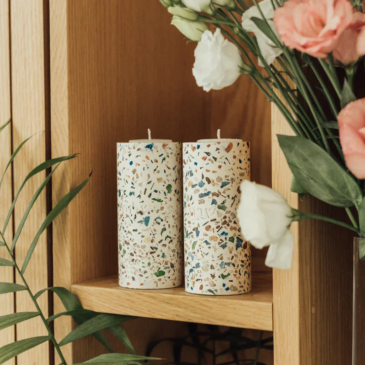 Designed Shabbat CandleHolder made of rich terrazzo in luxurious colors, featuring a "Shabbat Shalom" engraving – Terrazzo Model