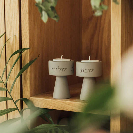 Traditional Shabbat Candle Holders with Contemporary Concrete Tray - Timeless Glow Series