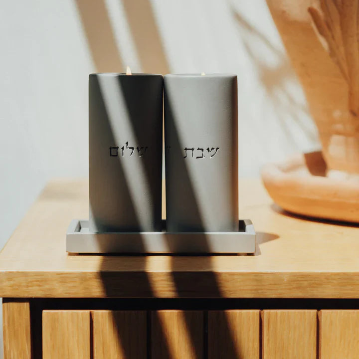 Set of candlesticks for Shabbat with a designed concrete tray - Stone Glow Series