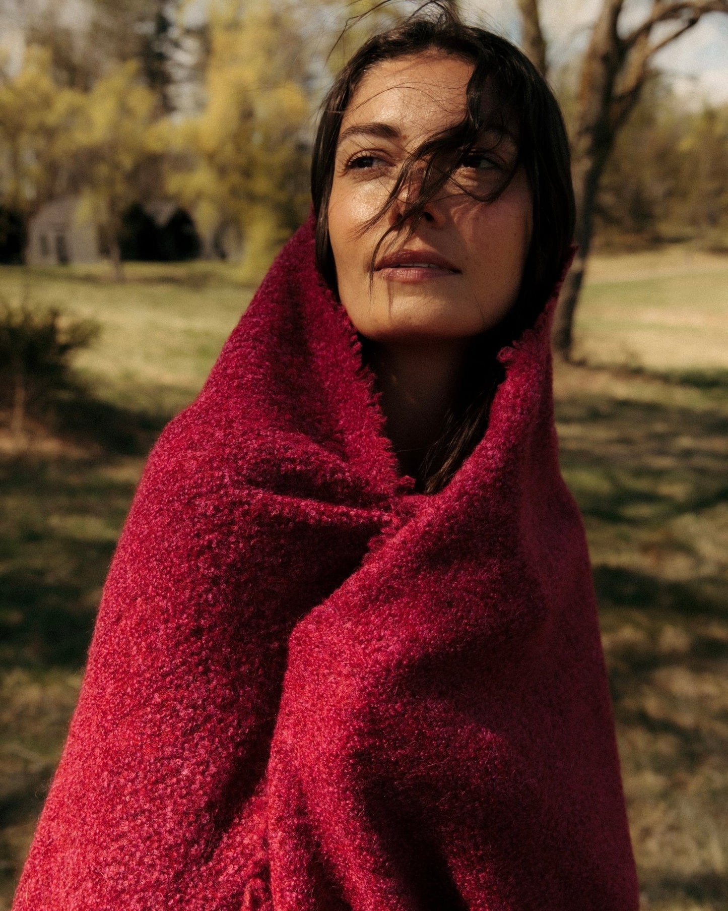 Fringe Bouclé Throw in Raspberry