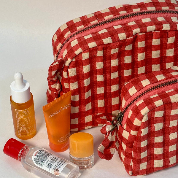 Sustainable Quilted Cotton Pouch, Red Checks - 6 x 4.5 Inches (Set of 2)