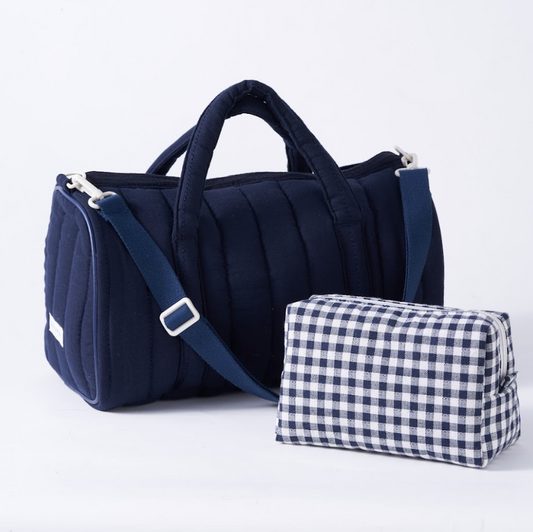 Embroidered Duffle, Pouch & Backpack Set- Navy Gingham