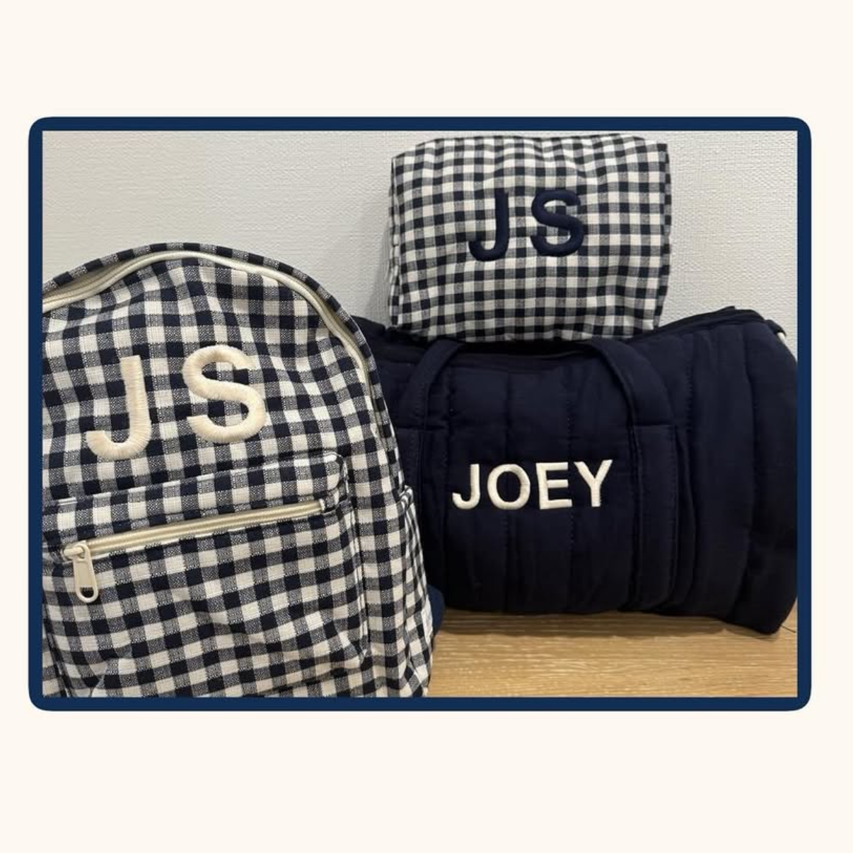 Embroidered Duffle, Pouch & Backpack Set- Navy Gingham