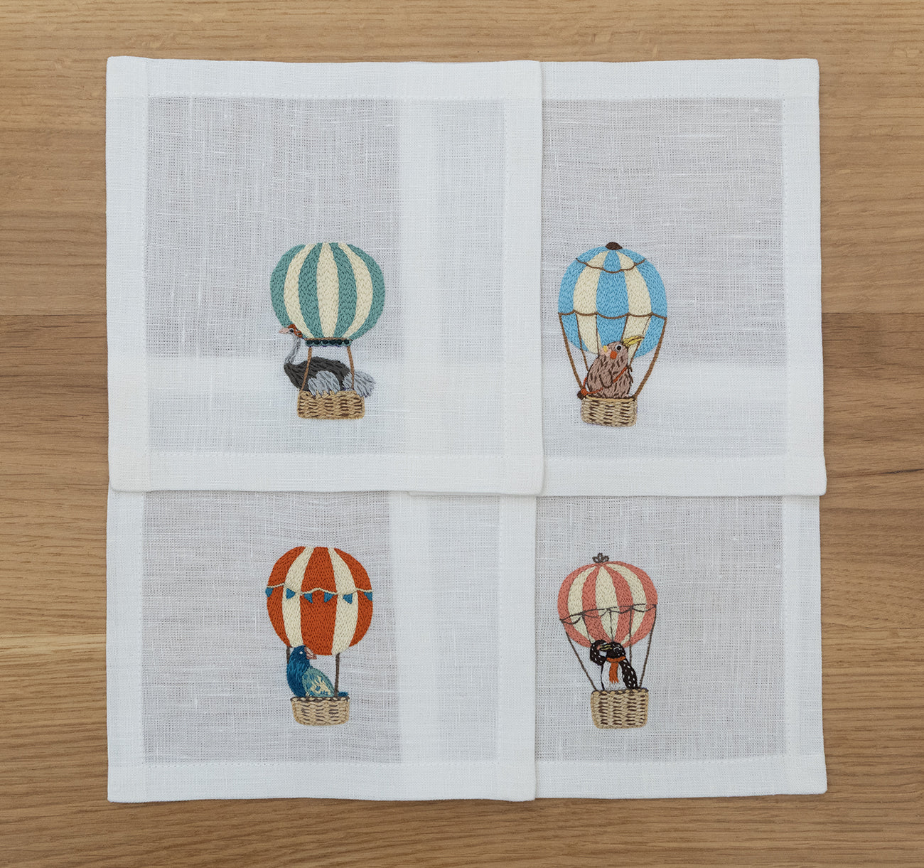 Hand Embroidered Balloon Safari Cocktail Napkins 6" x 6" (Set of 4)