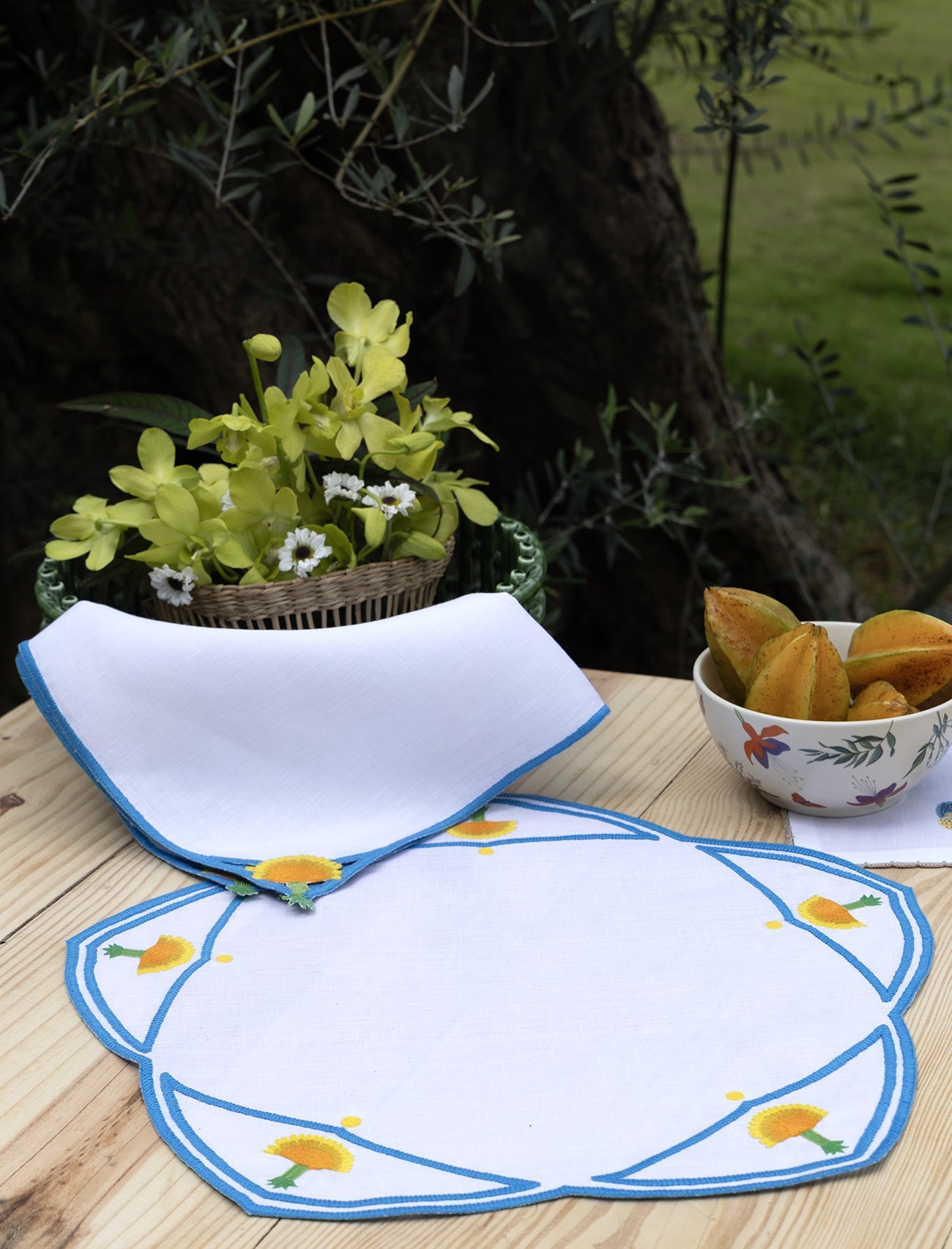 Hand Embroidered Heirloom Petals Placemats 16" round (Set of 4)