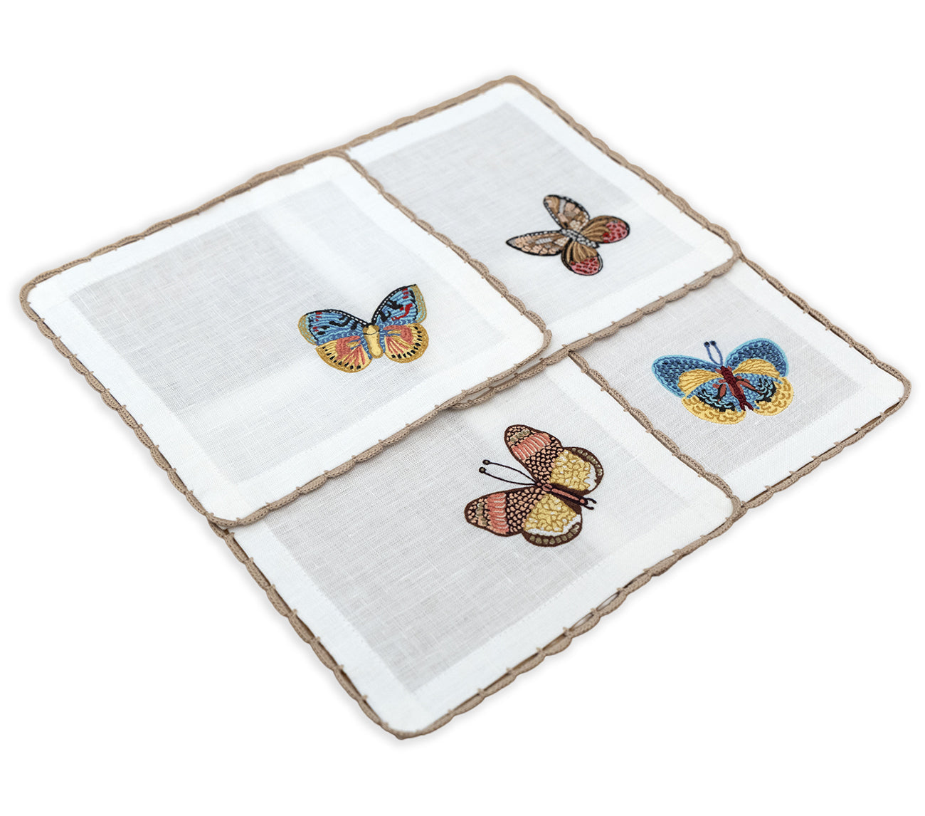 Hand Embroidered Flutter and Lace Cocktail Napkins 6" x 6" (Set of 4)