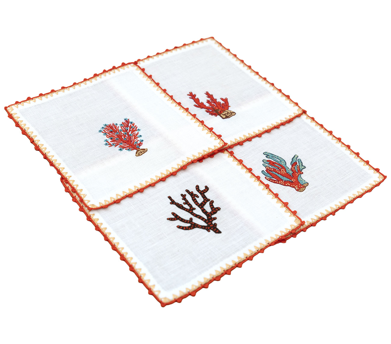 Hand Embroidered Coral Crest Cocktail Napkins 6" x 6" (Set of 4)