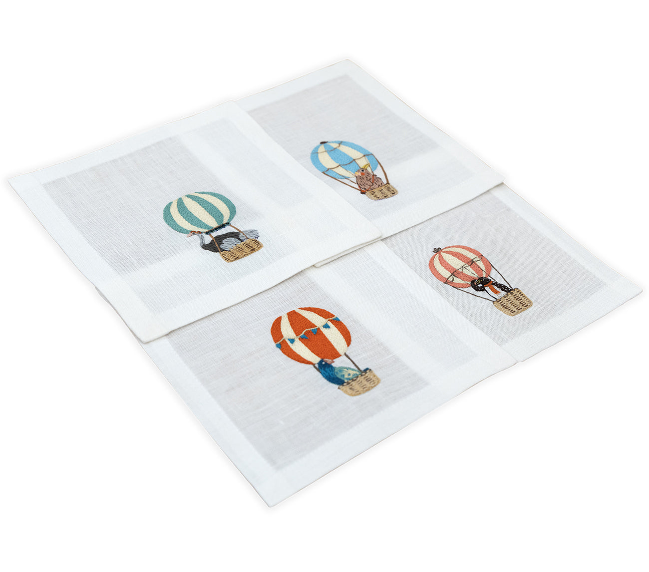 Hand Embroidered Balloon Safari Cocktail Napkins 6" x 6" (Set of 4)