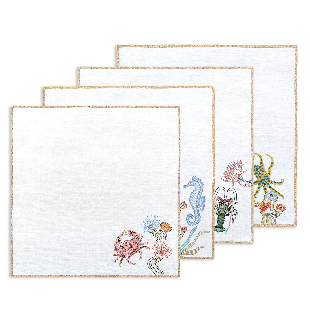 Hand Embroidered Marine Life Napkins 18" x 18" (Set of 4)
