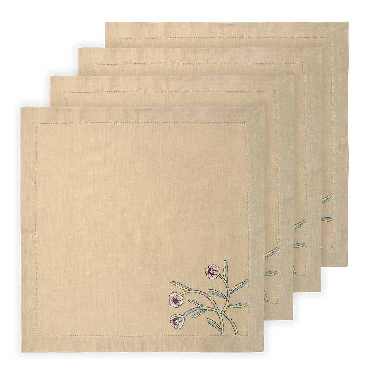 Hand Embroidered Floral Fresco Napkins 18" x 18" (Set of 4)