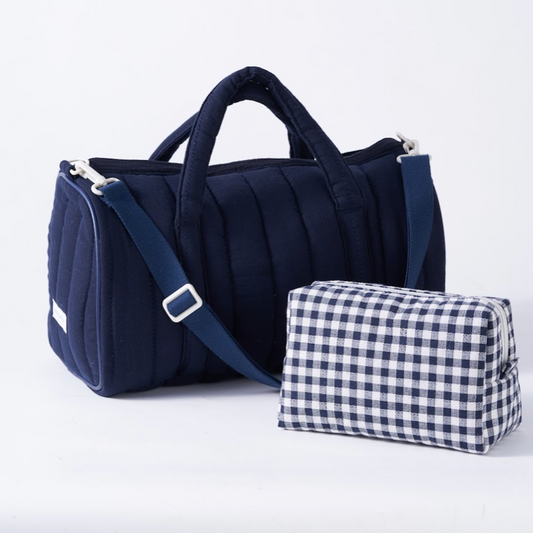 Embroidered Duffle & Pouch- Navy Gingham