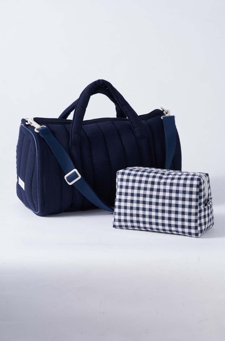 Embroidered Duffle & Pouch- Navy Gingham