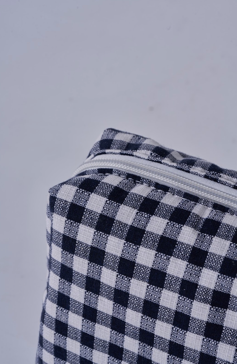 Embroidered Duffle & Pouch- Navy Gingham