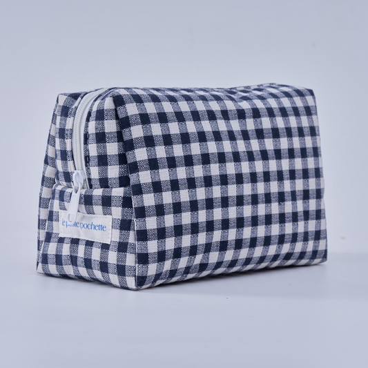 Embroidered Pouch- Navy Gingham