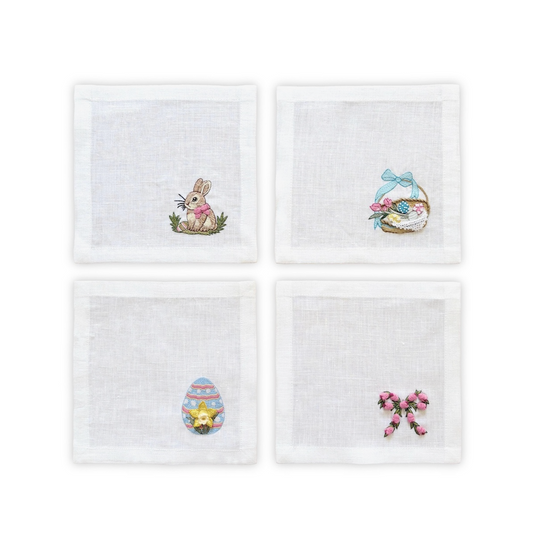 Hand Embroidered Easter Bunny Cocktail Napkins 6" x 6" (Set of 4)