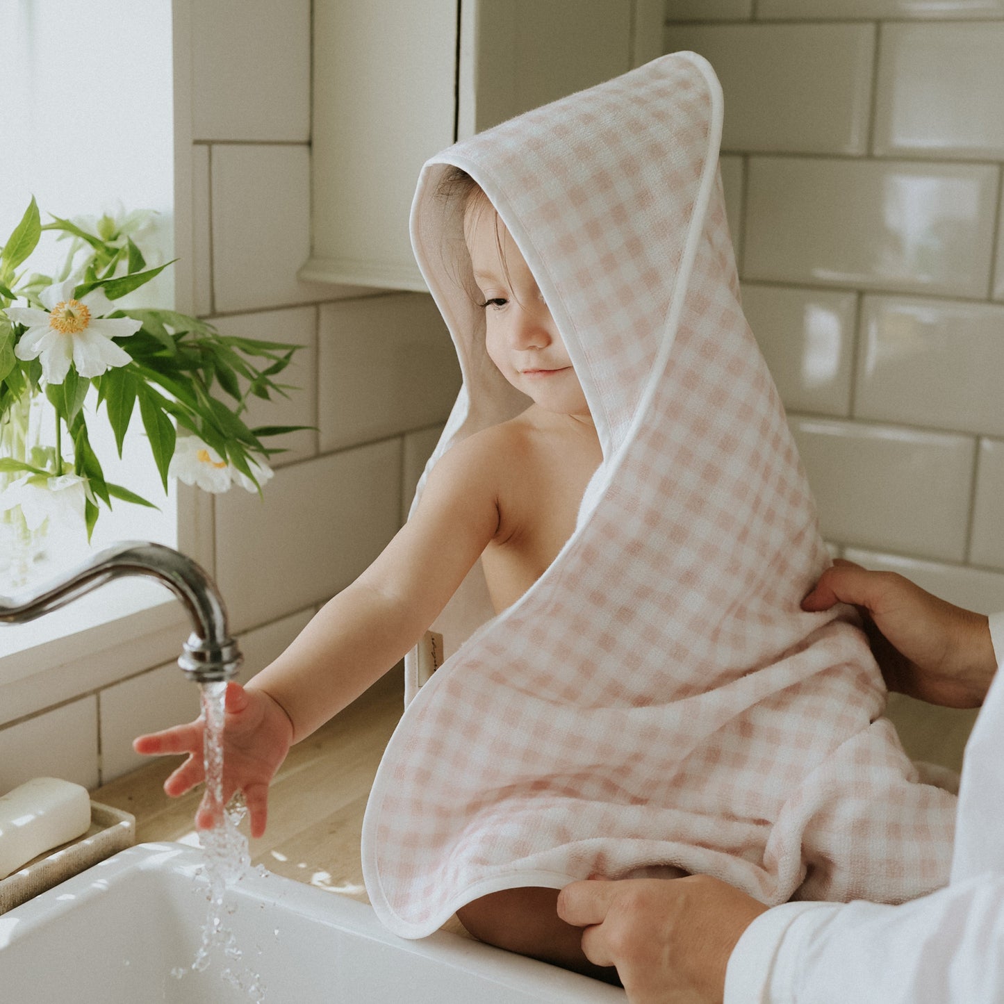 Picnic Gingham Baby Hooded Towel - Pink