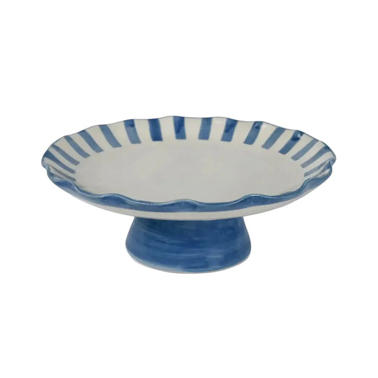 Ceramic Stripe Cake Stand, Blue - 10 x 10 x 3.75 Inches