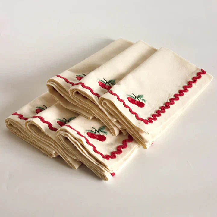 Cherry Crush Embroidered Napkins , Set of 6 - 16x16 Inches