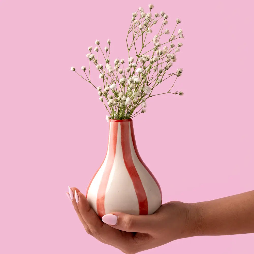 Ceramic Stripe  bud vase, Red- 3.5 x 3.5 x 4.75 Inches , Set of 2