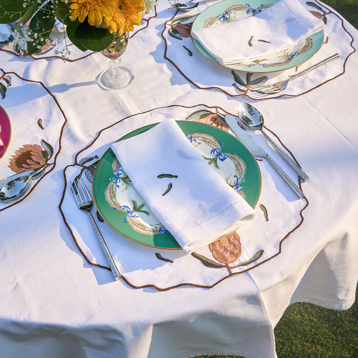 Hand Embroidered Vintage Floral Placemats 16.5" round (Set of 4)